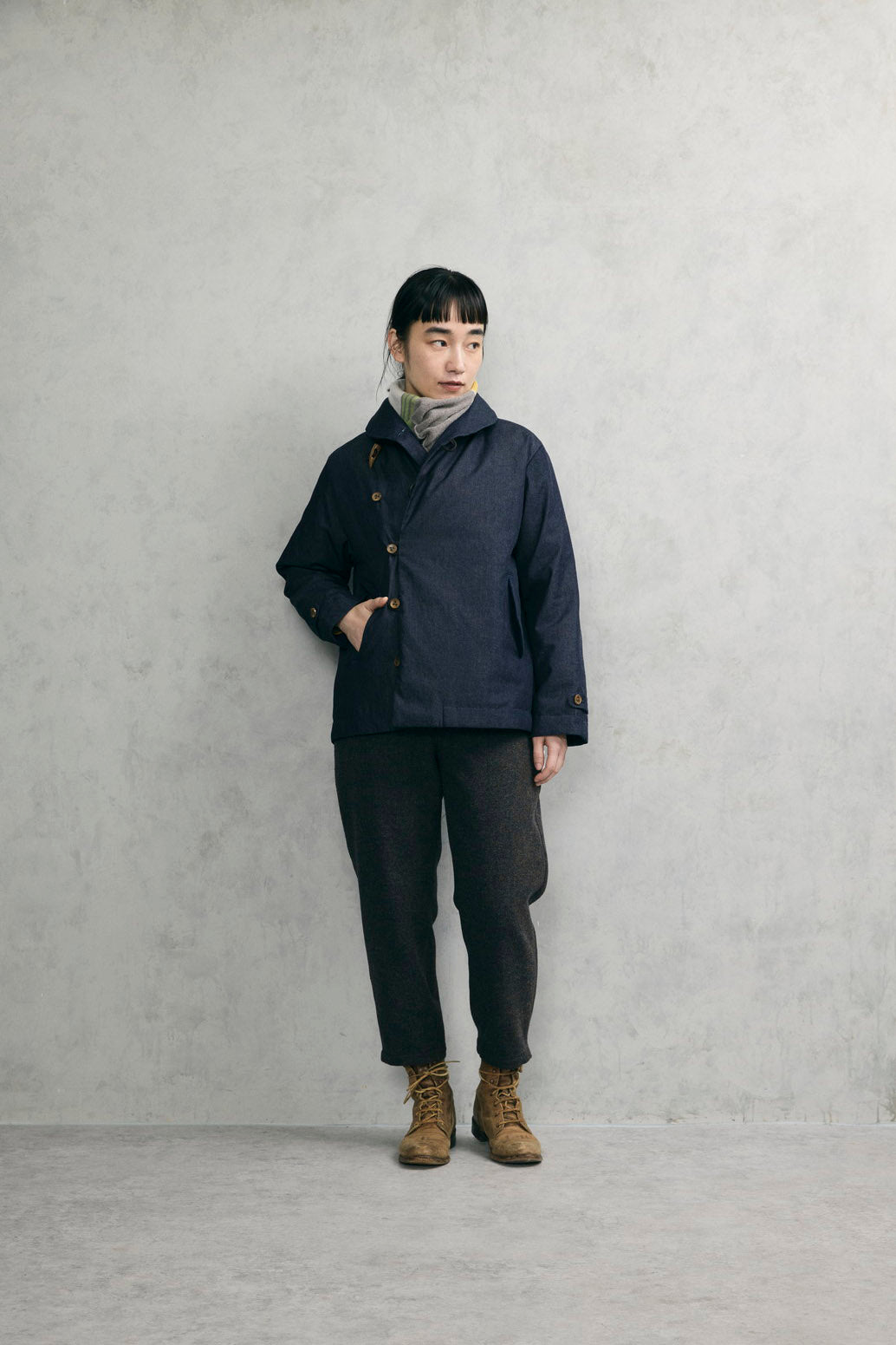 デニムショールカラーダウンジャケット (VFJK-5643D)